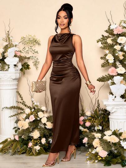 SOLERSUN Women's Elegant Solid Color Drape Neck Ruched Sleeveless Party Dress,Perfect For Banquets