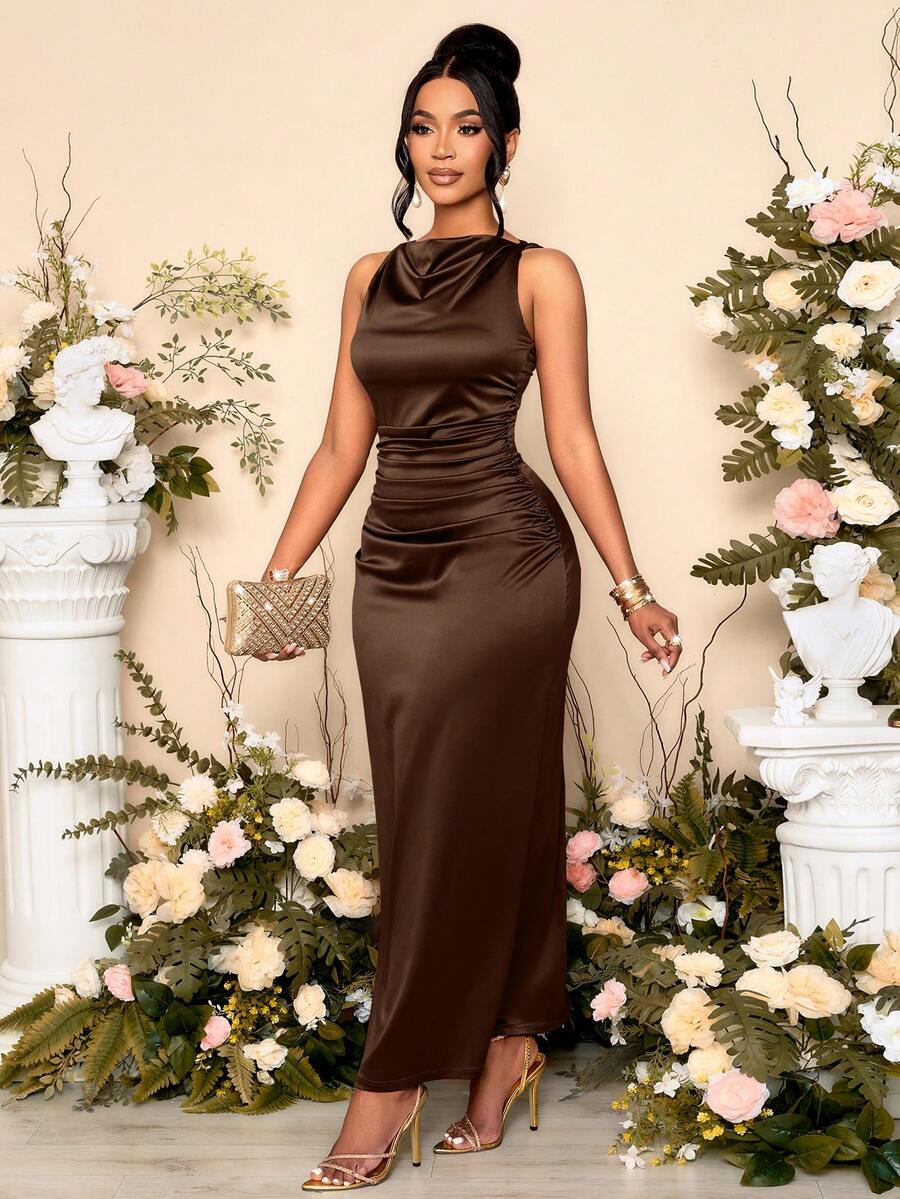 SOLERSUN Đầm dự tiệc không tay cổ xếp nếp màu trơn thanh lịch dành cho nữ, hoàn hảo cho tiệc tối - Cà phê - Xem 1