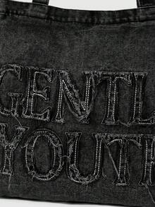 ROMWE Grunge Punk 极简风格毛边字母设计牛仔帆布手提包，纯色大容量单肩包，适合女性日常使用，上班通勤学校手提包，学校书包，便携，可折叠，商务休闲，适合少女女大学生，教师，新人及白领大学生，度假，海滩，假日，购物，适合读书周的学院风书包，时尚拉链手提包，牛仔女孩的完美选择 - 黑色 - 查看 4