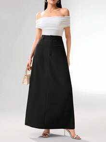 Heiryn 女士纯色口袋拉链优雅半身裙 - 黑色 - 查看 3