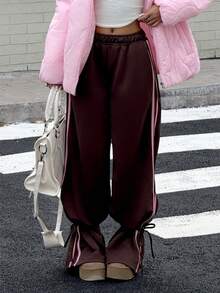 Muchica Women Fashion Brown Contrast Stripe Side Slit Drawstring Waist Loose Sweatpants For Going Out, Back To School, Streetwear - Brown - View 4