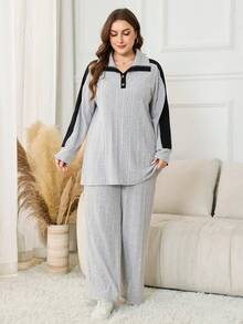 Lacomfia 2pcs Plus Size Women Fleece Patchwork Contrast Color Knitted Top And Pants Set, Autumn/Winter - Light Grey - View 5