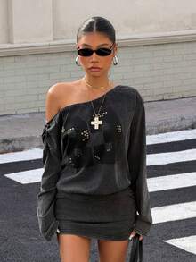 Muchica Women's Dark Grey Asymmetric Shoulder Sequin Letter Print Mini Dress,Punk Streetwear Autumn Winter Clothes,Black Washed Casual Night Out Outfits - Grey - View 5