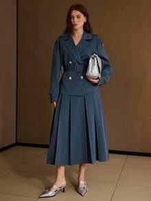 MOTF PREMIUM 经典翻领宽松利落简约百搭长袖金属纽扣装饰常规款女士风衣，秋冬季 - 藏蓝色 - 查看 5