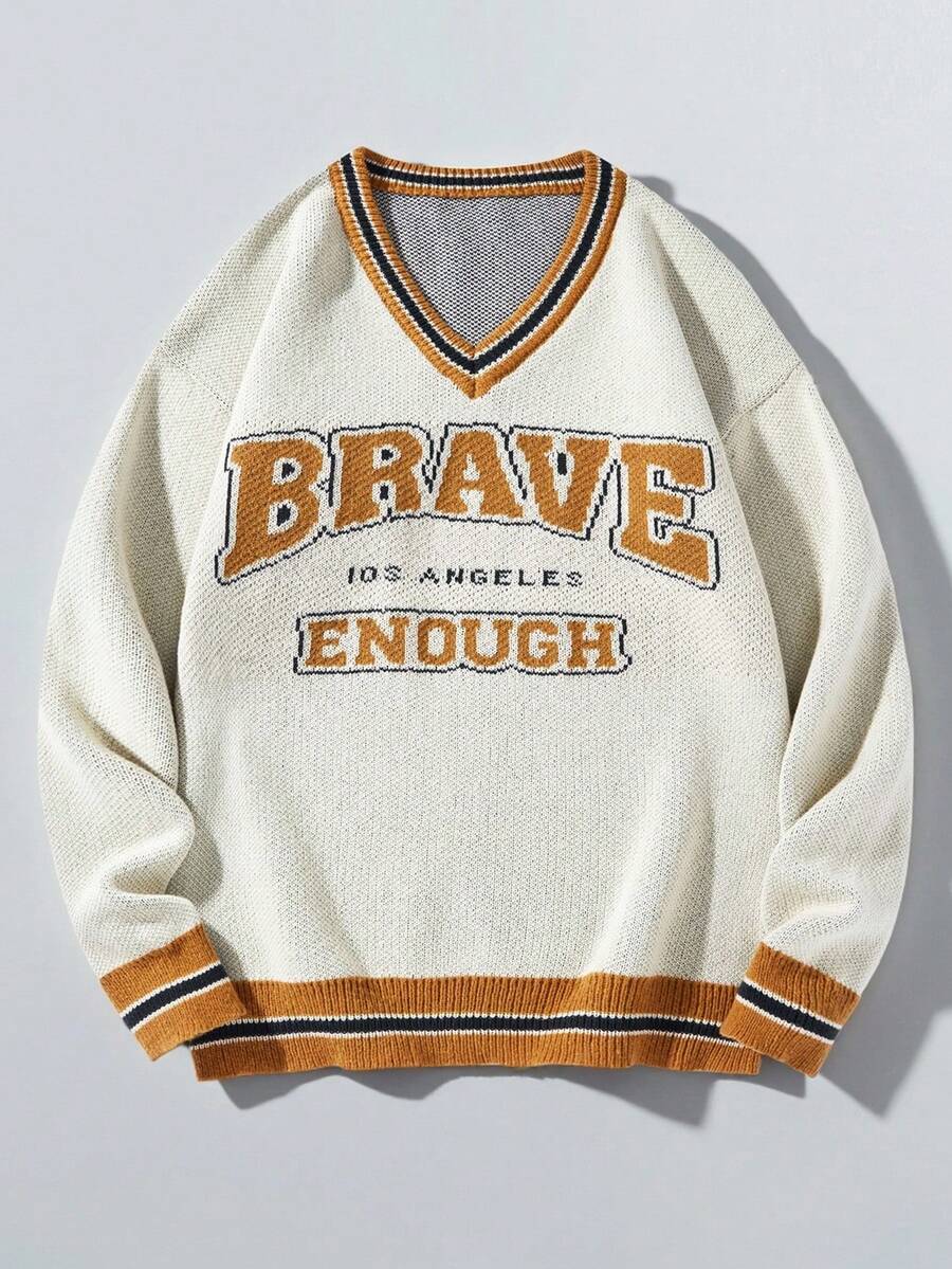 Chillumni Jersey de cuello en V con estampado de letras, casual y versátil, de manga larga para hombre - Albaricoque - Ver 1