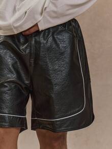 Musero Men Contrast Lining Boxer Style Faux Leather Shorts Elasticated Waistband Basics Autumn Winter - Black - View 5