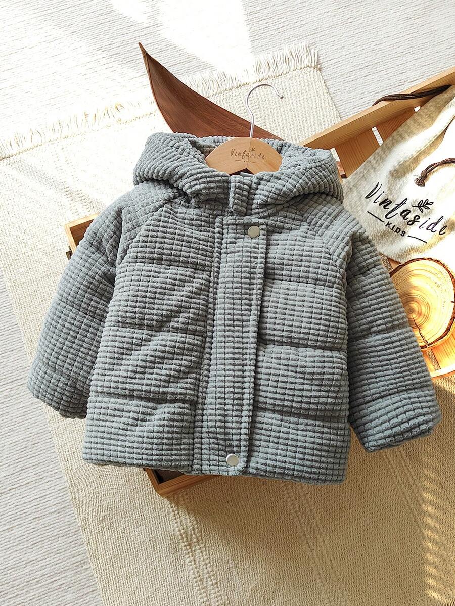SHEIN Vintaside Kids 女婴冬季长袖连帽外套,可爱时尚,简约百搭,非常适合户外旅行,提供充足的保暖保护,既时尚又实用。 - 深灰色 - 查看 1
