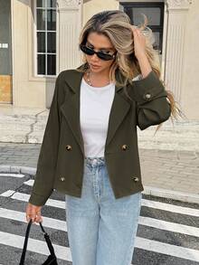 SHEIN Frenchy Áo khoác trench coat ngắn hai hàng khuy thời trang thường ngày dành cho nữ - xanh quân đội - Xem 3