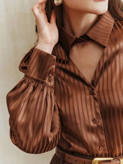 Anewsta Elegant French Coffee-Color Satin Digital Print Refreshing Long Sleeve Blouse, Suitable For Work Commute In Early Autumn, Women