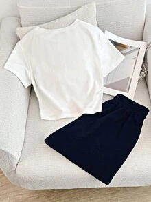 Resyla Bộ áo phông in họa tiết hiệp sĩ cỡ lớn và quần short cạp chun cho nữ, phù hợp cho mùa xuân và mùa hè, phù hợp cho các môn thể thao ngoài trời - Nhiều màu - Xem 2