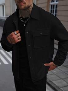 Manfinity CasualCool Men's Casual Solid Color Jacket, Versatile For Spring And Autumn Black Shacket Men Button Up Jacket Men Men Shacket - Black - View 4