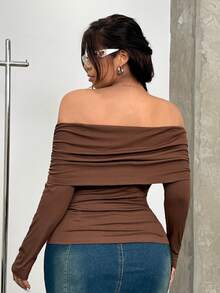 GalTyme Plus Size Solid Color Off-Shoulder Fitted Elegant Long Sleeve T-Shirt, Brown Top Women Brown Long Sleeve Top Chocolate Brown Top Brown Off Shoulder Top,Fall /Autumn/Winter,Christmas,New Year,Thanksgiving,Party,Wedding,Beach,Elegant,Casual,Going Out,Date,Appointment,Commute