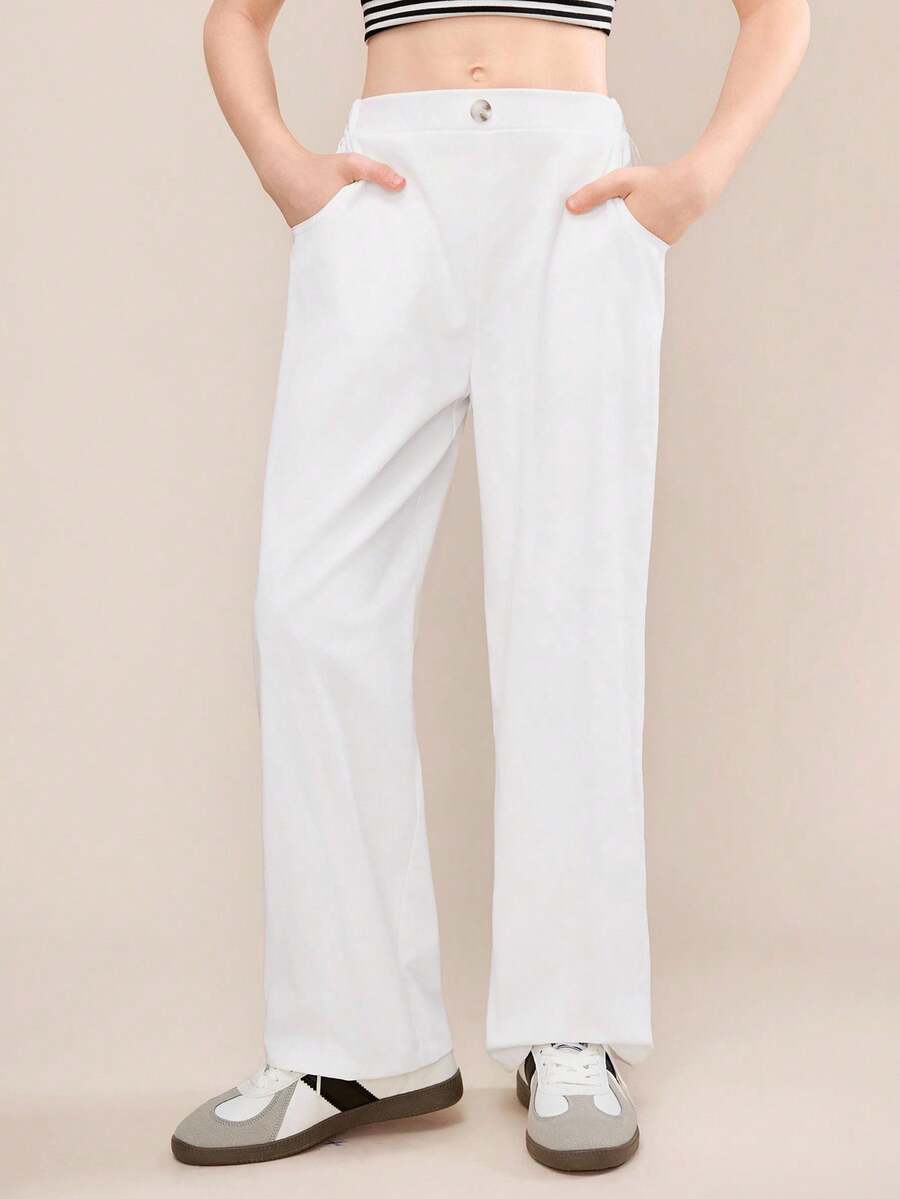 Tween Girl Casual Everyday Versatile Comfortable Solid Loose Straight Woven Pants - White - View 1