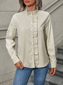 SHEIN LUNE 休闲通勤条纹荷叶边下摆衬衫，秋季 - 卡其色 - 查看 3