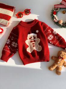 SHEIN Áo len Giáng sinh đỏ Unisex cho bé, Áo chui đầu cổ tròn dệt kim Jacquard hình người bánh gừng và bông tuyết, Quần áo mùa đông dễ thương cho bé, Giáng sinh đầu tiên của tôi - Nhiều màu - Xem 7