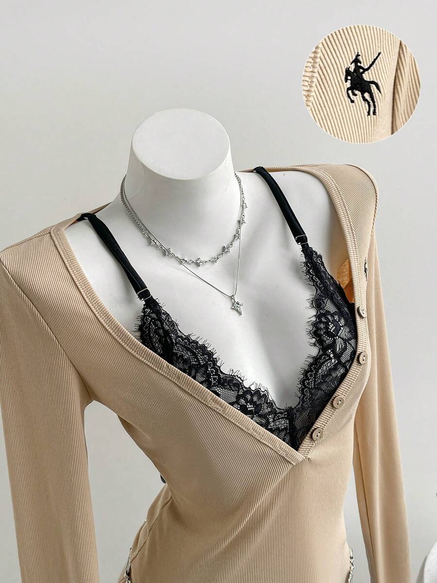 Elamini Chemise à manches longues pour femmes, col polo, patchwork en dentelle, broderie, demi-patte de boutonnage, coupe slim, couleur kaki, design minimaliste, élégant rétro. Convient pour le travail, les sorties, les rendez-vous, les tenues décontractées et quotidiennes, polyvalente.