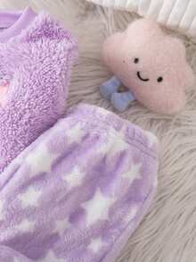 女婴可爱休闲紫色毛绒卡通图案长袖睡衣套装