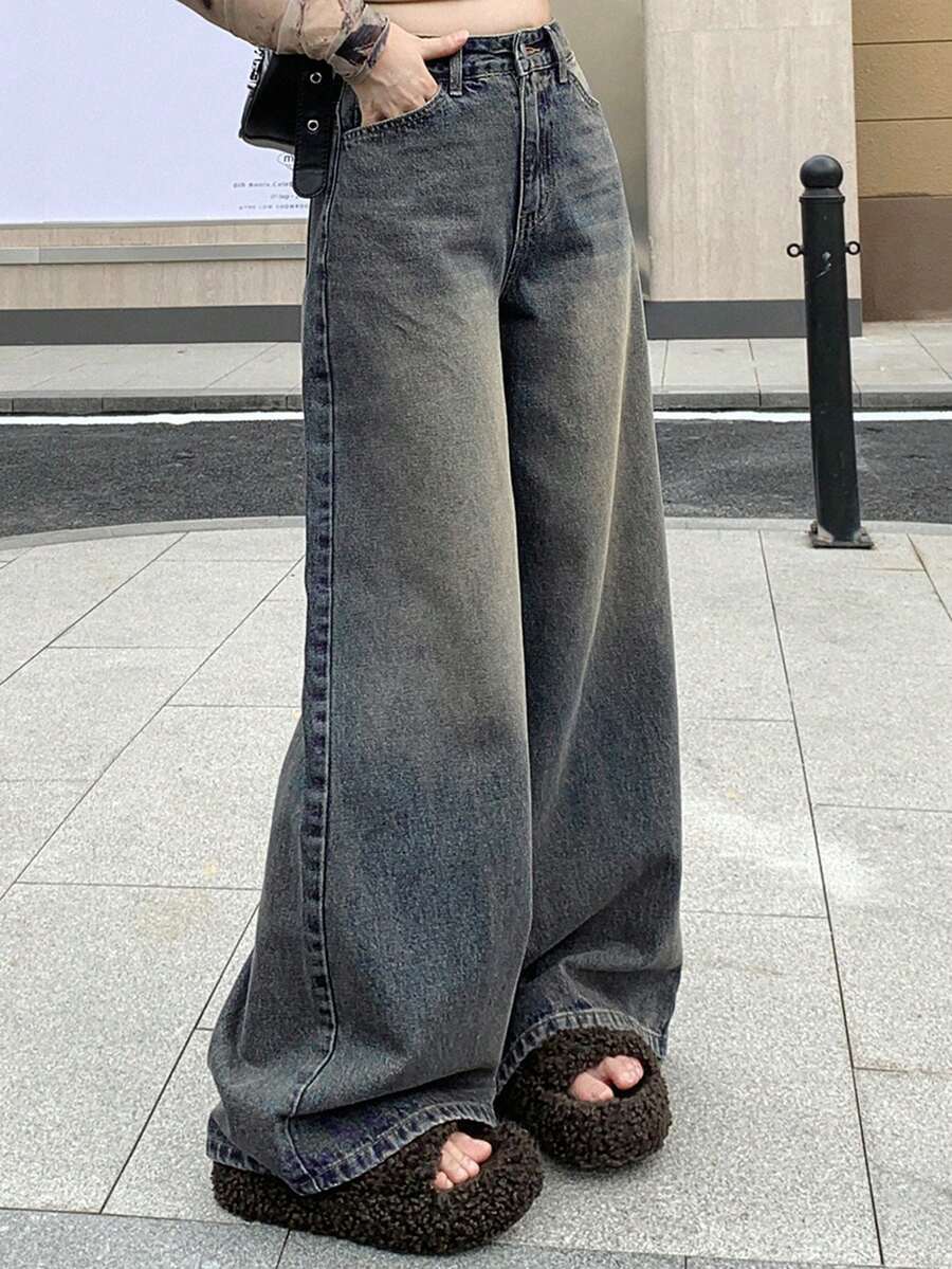 DAZY 女士常规腰围宽松阔腿牛仔裤，休闲街头风都市休闲牛仔裤