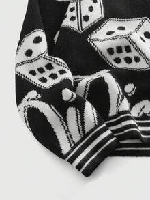 ROMWE MEN Prep Men's Jacquard Knit Cardigan, Dark Streetwear Fashion, Long Sleeve Top - Black and White - View 4