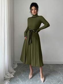 SHEIN Elenzya 女士优雅修身高领撞色滚边罗纹纹理荷叶边下摆毛衣连衣裙，秋冬款 - 軍綠色 - 查看 4