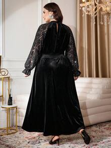 Modelyn Elegant Velvet Contrast Lace Beaded Long Sleeve A-Line Plus Size Dress, Regular Fit For Spring & Autumn
