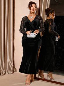 Cravure Bộ 2 món áo ren cổ chữ V tay dài thanh lịch và chân váy nhung đuôi cá cho nữ - màu đen - Xem 7