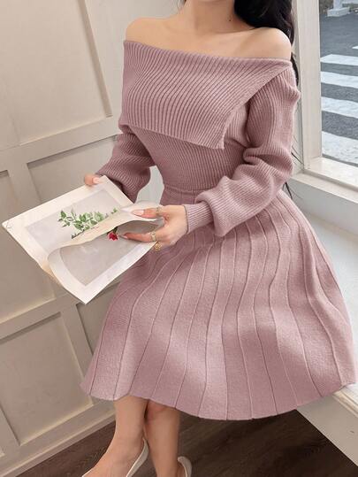 Feyla 女士优雅不对称露肩腰部褶皱下摆纯色针织连衣裙，秋冬款