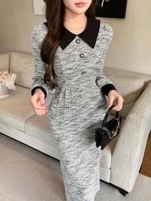 DAZY Váy dài vừa phải cổ bẻ phối màu thanh lịch dành cho nữ, mùa thu - Xám - Xem 3