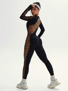 Slayform 女士时尚性感纯色镂空紧身健身连体裤 - 黑色 - 查看 2