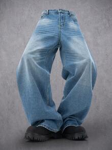 Manfinity Denimwave Herren einfarbige Jeans im täglichen Stil, schlichte blaue Cargo Jeans in weiter Passform mit Waschung, als Geschenk für Ehemann oder Freund - Blau - Übersicht 1