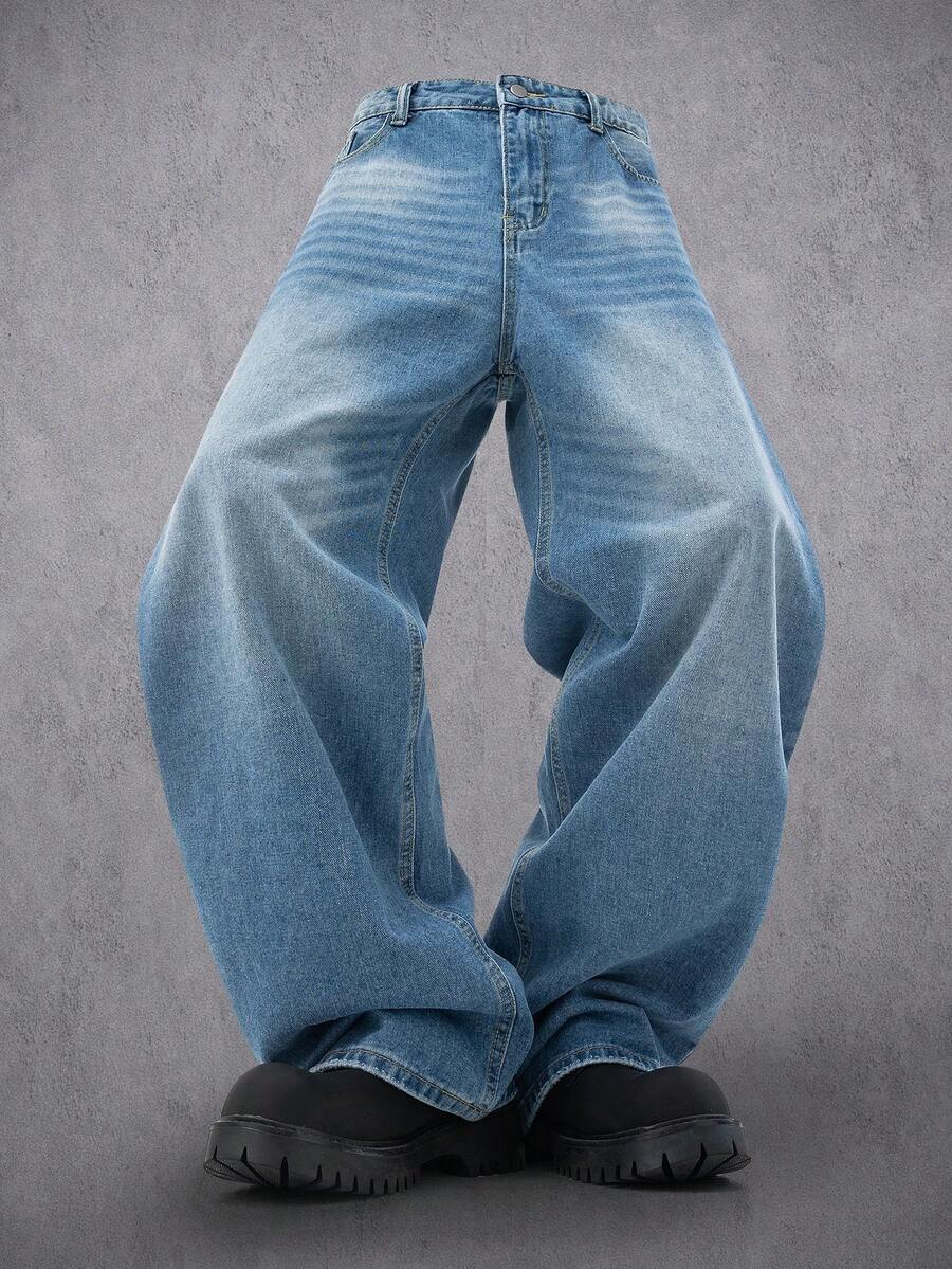 Manfinity Denimwave Herren einfarbige Jeans im täglichen Stil, schlichte blaue Cargo Jeans in weiter Passform mit Waschung, als Geschenk für Ehemann oder Freund - Blau - Übersicht 1