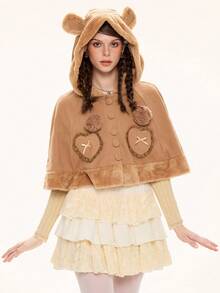 ROMWE Kawaii 女士可爱泰迪熊拼接连帽斗篷，棕色 - 棕色 - 查看 5