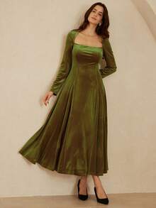 EMERY ROSE Váy dài bồng bềnh dáng chữ A cổ vuông thanh lịch sang trọng kiểu Pháp, vải nhung trơn màu gợi cảm, thiết kế nhiều lớp, khóa kéo sau lưng, váy dài xếp nếp cao cấp, phù hợp cho các dịp trang trọng mùa thu/đông, tiệc tối - Màu xanh Ô liu - Xem 6