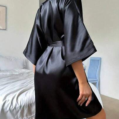 1 件女士纯色优雅系带短款缎面丝绸睡袍柔软睡衣新娘伴娘返校节秋冬睡衣家居服浴袍节日礼物情人节