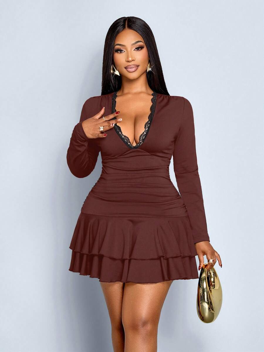 SOLERSUN Autumn And Winter Plus Size Women's Early Autumn Black Knitted Fabric Daily Leisure Party Slim Long Sleeve Deep V Neck Lace Pleated Double Ruffle Hem Small Dress Fall Cloth For Women,Fall And Winter,Black Dress,Double Layered Ruffled Hem At The Hem,Halloween,Christmas,New Year Look,Prom Dress,Graduation Dress - Brown - View 1