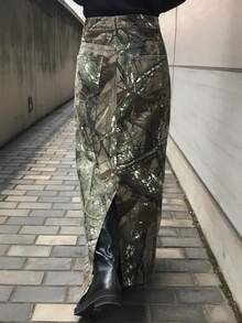 FRIFUL Chân váy ngắn denim in họa tiết graffiti phối màu tương phản, dáng rộng, thời trang nữ. - màu xanh lá - Xem 6