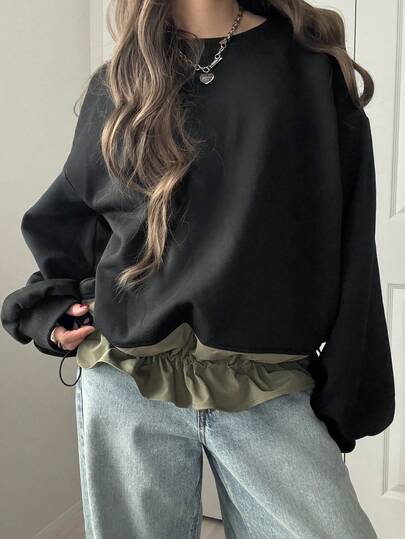 FRIFUL Women's Contrast Color Drawstring Crew Neck Casual Long Sleeve Pullover Sweatshirt