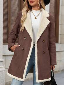 SHEIN Clasi Women's Fluffy Patchwork Front Button Simple Casual Regular Jacket In Fall/Winter - Mocha Brown - View 4