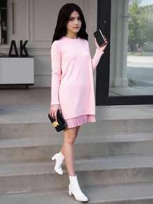 Vestito semplice ed elegante con collo rotondo per ragazze, adatto per casa, uscite, feste, ritorno a scuola - Rosa - Visualizzare 2