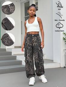 SHEIN Explorewe Tween Girls' Y2K Style Leopard Print Cargo Pants, Soft Washed Leopard Camouflage, Y2K Streetwear Fashion, Relaxed Fit With Accordion Pockets, Elastic Waist, Straight Leg, Cotton Denim Fabric, Suitable For Daily, Party, School, Commuting, Autumn/Winter New Arrival - Multicolor - View 6