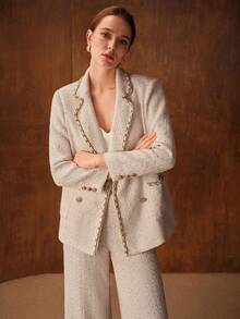 MOTF PREMIUM TWEED CHAIN DETAIL STRUCTURED BLAZER - White - View 4
