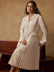 MOTF PREMIUM 大翻领长袖撞色褶饰连衣裙 - 杏色 - 查看 6