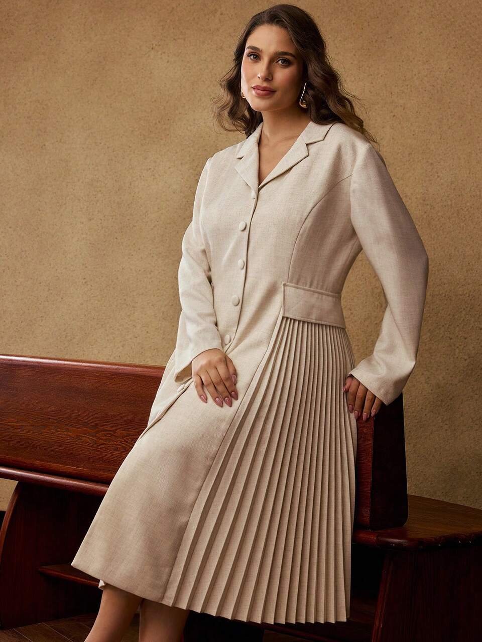 PLUS LAPEL COLLAR LONG SLEEVE CONTRAST PLEATED DRESS