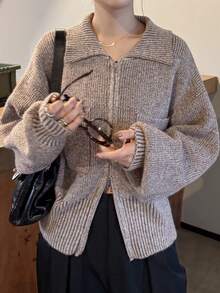 FRIFUL 女式灰色翻领落肩长袖双拉链下摆罗纹宽松休闲套头衫，秋季
