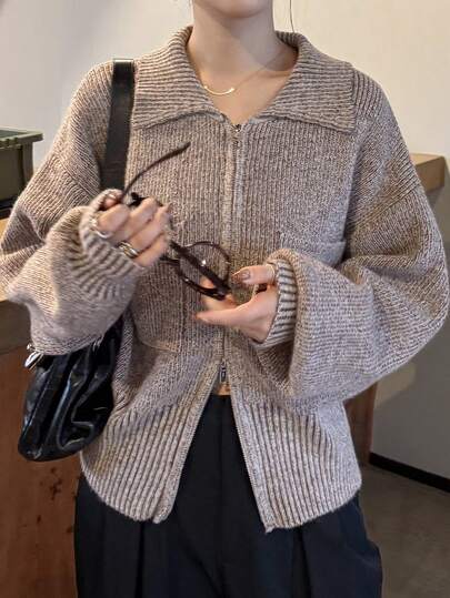 FRIFUL 女式灰色翻领落肩长袖双拉链下摆罗纹宽松休闲套头衫，秋季