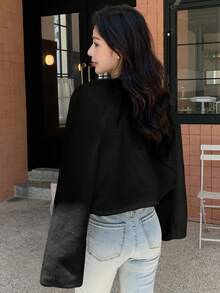 DAZY Áo khoác ngắn tay hở trước màu trơn dành cho nữ, mùa thu/đông - màu đen - Xem 2