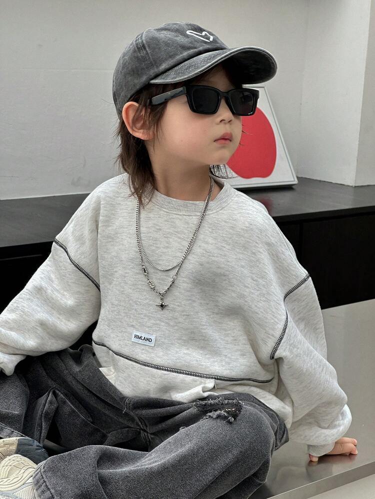 Young Boy Letter Graphic Dropped Shoulder Crew Neck Long Sleeve Casual Loose Pocket Sweatshirt, Autumn/Winter
