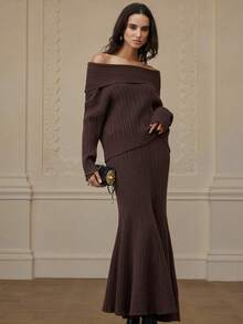 Zanirela Vintage Aesthetic Off Shoulder Textured Loose Knit Sweater Paired With Pleated Flared Maxi Skirt 2-Piece Set - Coffee Brown - View 4