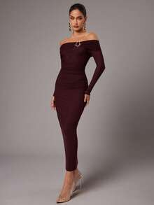 Silquee Women's Solid Color Minimalist Long Sleeve Casual Dress,Dresses For Women Elegant - Maroon - View 6