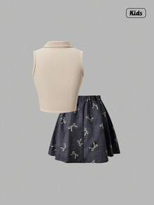Sweetra Conjunto de 2 peças de regata de cor sólida e minissaia plissada com estampa de borboleta para meninas adolescentes - Damasco - Ver 2